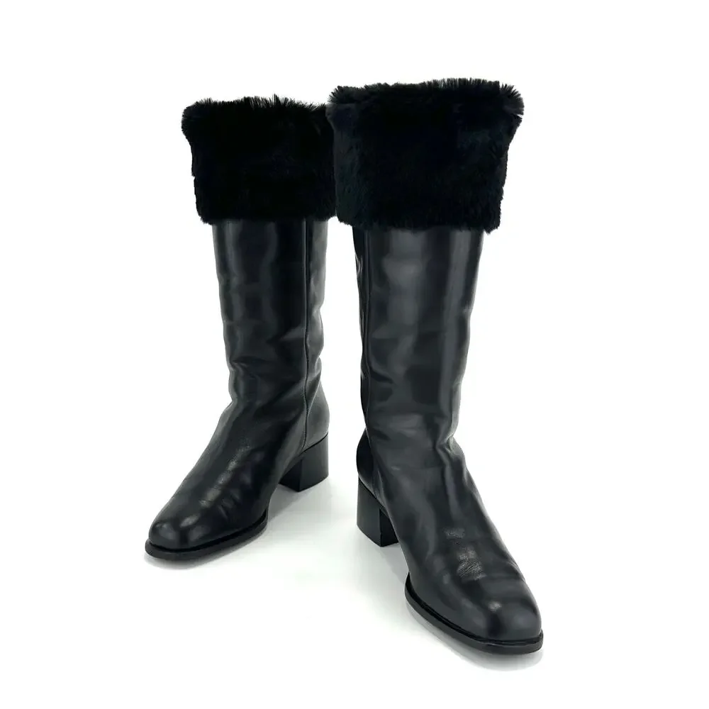 Bally Women Black Winter Knee High Boot Sz 36/5.5 Leather Foldable FurTrim Lined